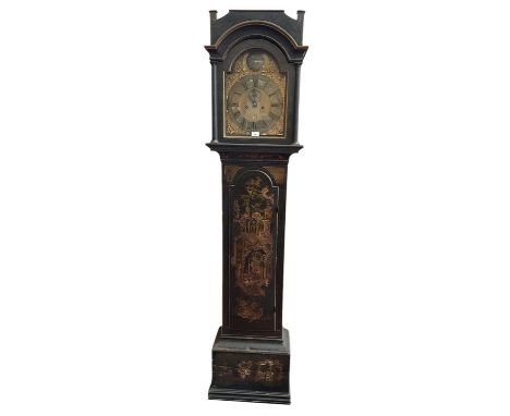 18th century Chinoiserie lacquered longcase clock with brass and silvered arched dial by Henry Cooley, London, four pillar mo