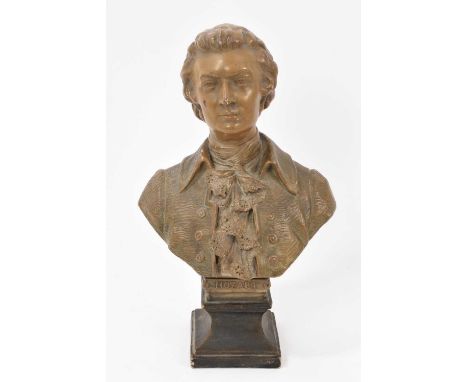 Early 20th century Goldscheider pottery bust of Mozart, raised on a socle base with impressed and applied marks to reverse, c
