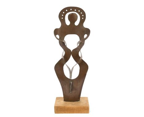 Gerald Meares (1911-1975) copper sculpture, figural form, on wooden plinth, signed to underside of plinth, total height 40cm