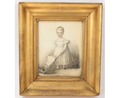 Georgian miniature portrait on paper of a child gardener, dated 1822, signed MRG (beyond the mount) the subject named to rear