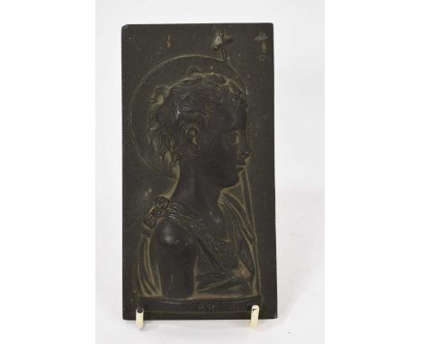 Arts and Crafts period bronze plaque depicting the young John the Baptist after Desiderio da Settignano, signed P.R. below St