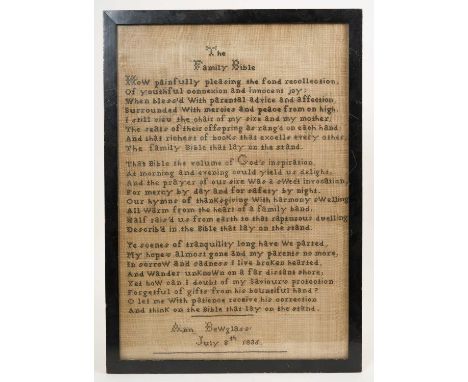Methodist type sampler, worked in one colour, by Ann Bewglass, dated 1836, in period glazed frame, 48 x 33cm