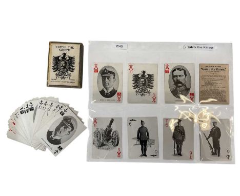 Unusual deck of 40 playing cards and rules for 'Catch the Kaiser' by Valentine and Sons, with original box