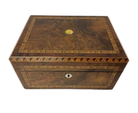 Victorian walnut and Tunbridge ware writing slope, 30cm wide