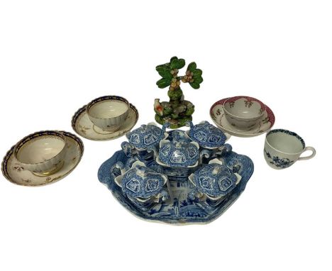Group of 18th and 19th century English ceramics, including two Salopian tea bowls and saucers, another tea bowl and saucer, a