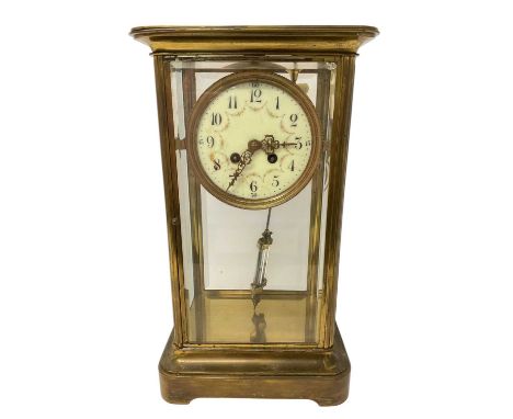 Edwardian Four glass mantel clock with floral swag decorated dial, French movement striking on gong with mercury adjustable p