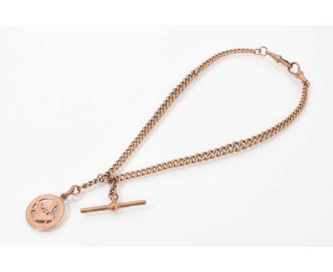 Edwardian 9ct rose gold curb link watch chain with 9ct rose gold Masonic fob, 39.5cm longTotal weight 42.9 grams