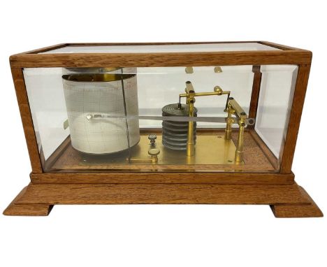 Early 20th century barograph in glazed oak case 36cm wideGood cosmetic order, clockwork mechanism runs but no way of testing 