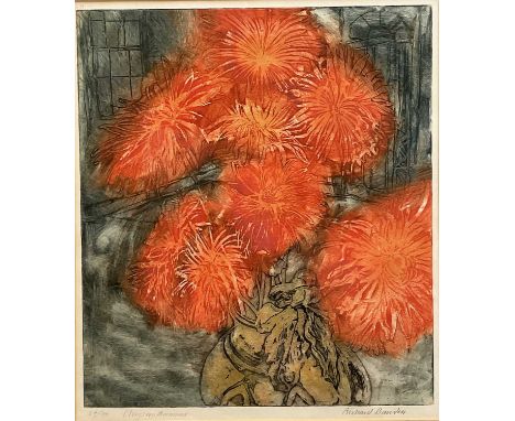*Richard Bawden (1936-2024) signed coloured etching - Chrysanthemums, 24/40, 39cm x 34cm, in glazed frame