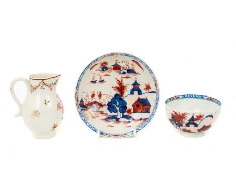 Three pieces of Lowestoft porcelain, including a cream jug polychrome painted with floral sprays and swags, with red-lined ri