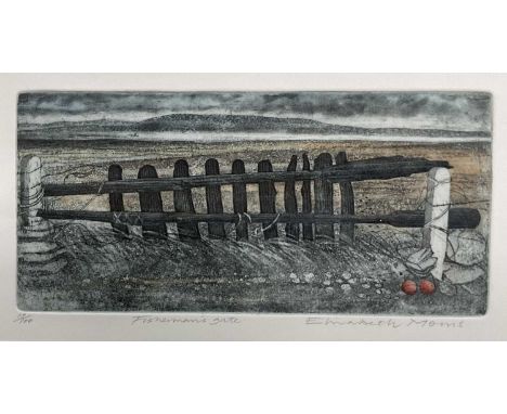 Elizabeth Morris (contemporary) limited edition etching - Fisherman's Gate, 17/100, 19cm x 34cm, in glazed frame