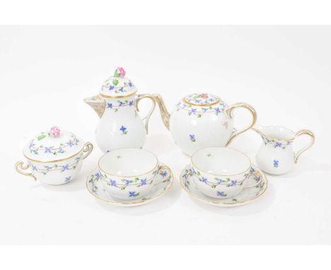 Group of Herend Cornflower Blue Garland pattern breakfast-ware, including teapots, coffee pot, cups, saucers, etc