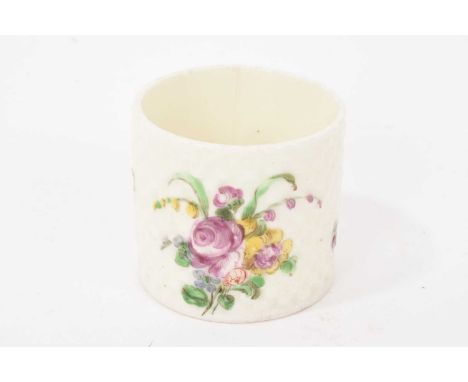Mennecy small cylindrical basket moulded jar, circa 1760, polychrome painted with flowers, impressed marks, 4cm high