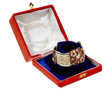 Indian gold seed pearl and synthetic ruby bracelet, pendant on chain and a pendant/brooch