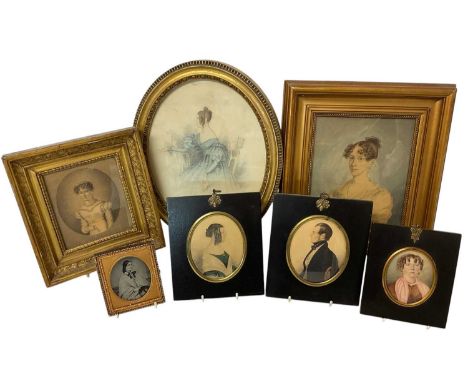 Group of 19th century portrait miniatures on paper, including a pair of husband and wife portraits in profile, each oval 9 x 