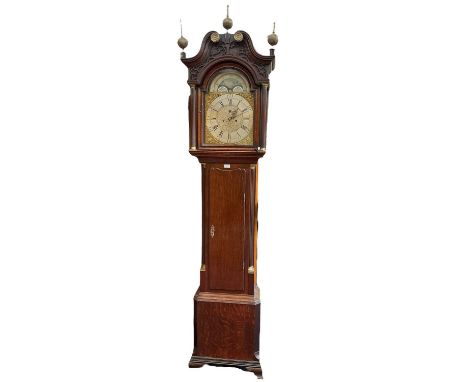 George III longcase clock by Nathaniel Brown, Manchester with brass and silvered arched dial with revolving lunar and landsca