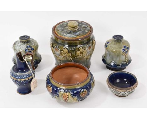 Doulton lidded stoneware tobacco jar, together with five small Doulton pieces