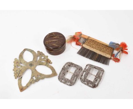 Works of art including Georgian paste buckles, South American tribal comb, inlaid metal box, other items