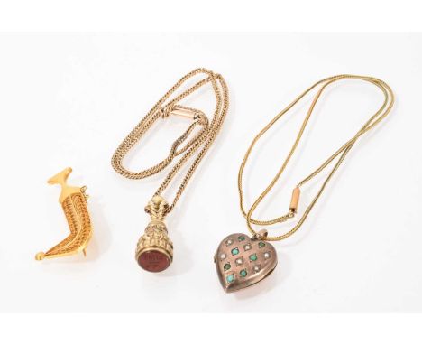 Group of jewellery to include a Victorian seal on chain, a Victorian turquoise and seed pearl heart-shaped locket on chain an