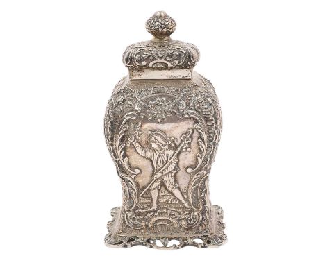 Late 19th/early 20th century Hanau silver tea caddy with slip on cover, of inverted baluster form, on a flared base, with emb