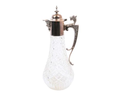 Contemporary silver mounted claret jug, with cut glass body, silver lion's head mounted handle, face mask pouring lip and hin