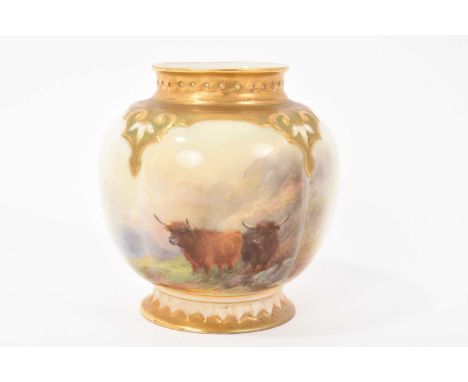 Royal Worcester pot pourri vase, shape H 278, dated 1920, painted with Highland cattle and signed H. Stinton, 9.5cm highSome 