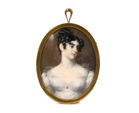 After Sir Thomas Lawrence - early 19th century portrait miniature on ivory of Countess Grosvenor, oval, 7 x 6cm, glazed gilt 