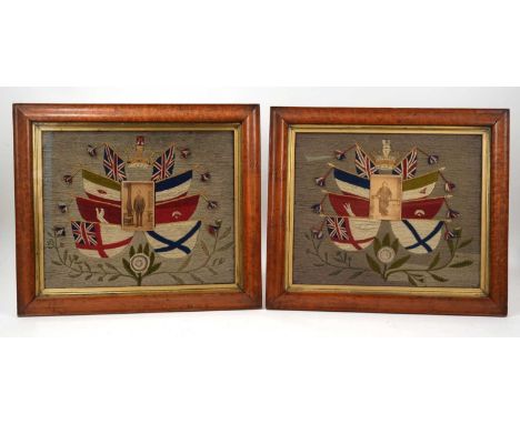 Pair of late 19th century sailors woolwork pictures, each with portrait photograph within naval emblems, in glazed maple fram