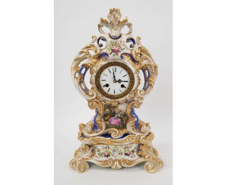 19th century French porcelain mantel clock, fitted with later quartz movement, the case surmounted and applied to the sides w