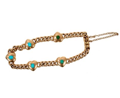 Late Victorian gold and turquoise bracelet with five heart-shaped panels each set with a turquoise cabochon, 17cm   Weight 12