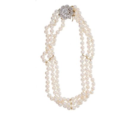 Cultured pearl and diamond choker with a triple strand of 5.8mm cultured pearls on a diamond cluster clasp, estimated total d