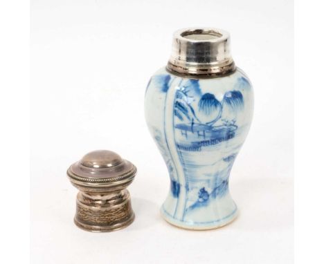 18th century Chinese blue and white porcelain vase, the moulded baluster body painted with landscape panels, with white metal