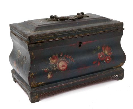 Late 18th century Pontypool tôle ware tea caddy, of serpentine sarcophagus form with surmounting handle and painted with flow