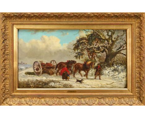 Thomas Smythe (1825-1906) oil on panel - The Timber Drag in Snow Covered Landscape, 29.5cm x 54.5cm, in gilt frame.Provenance