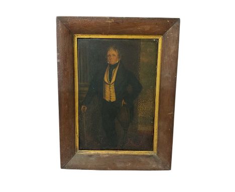 Naive early-mid 19th-century oil painting on board, full length depiction of a gentleman amputee, 29 x 19cm, in period frame