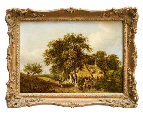 Samuel Colkett (1806-1863) oil on panel - figures beside a cottage in an extensive landscape, 24cm x 34cm, in gilt frame 