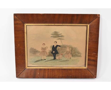 English School, circa 1830, naive portrait of three children with pet dog, 26 x 38cm, in period glazed veneered frameGlazed f