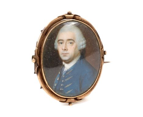 Manner of John Smart (1741-1811) fine 18th century miniature on ivory, portrait of a gentleman in blue coat, oval, 4.5 x 3.5c
