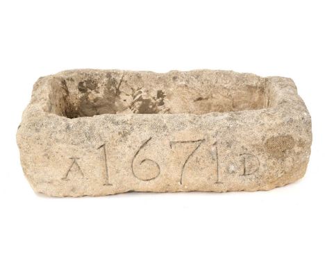 Unusual 17th century carved stone trough, dated AD1671, 30cm wideTotal weight approximately 5kg