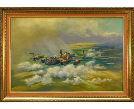Vic Howell, contemporary, oil on canvas, Lancaster Bomber, signed and dated ‘83, 51cm x 76cm, in gilt frame    Artist served 