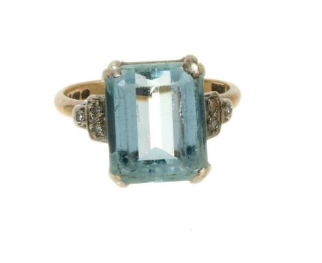 Art Deco style aquamarine and diamond ring with a rectangular step cut aquamarine measuring approximately 12.1 x 10mm, with d