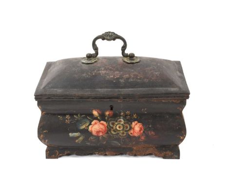 Late 18th century Pontypool tôle ware tea caddy, of ogee form with domed cover surmounted by handle, with three internal divi