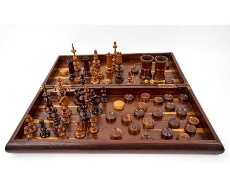 Early 19th century Irish Killarney turned Arbutus wood chess and draughts set and ensuite folding marquetry inlaid board, boa