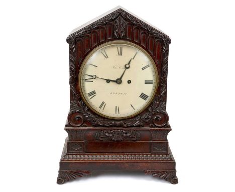 Attractive Regency Gothic revival bracket clock by John Cross, London, with circular painted dial with Roman numerals, twin f