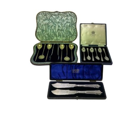 Three sets of miscellaneous cutlery, including set of six 20th century Soviet Russian silver gilt spoons, with tear drop bowl