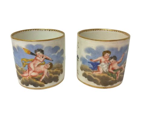 Two early 19th century Vienna porcelain coffee cans, polychrome painted with putti, a Herend cup and saucer, and another cont