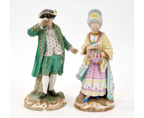 A pair of Meissen figures of the Racegoer and his companion, 19th century, he dressed in a green suit, holding his spyglass t