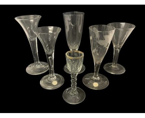 Six Georgian drinking glasses, including two with teared stems and folded feet, one plain stem with drawn trumpet bowl, one e