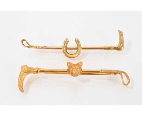 9ct gold riding crop bar brooch mounted with a fox mask with diamond set eyes (Birmingham 1955) and one other 9ct gold riding