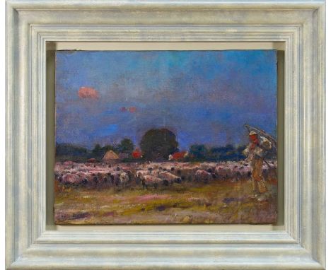 Harry Becker (1865-1928) oil on canvas - A Shepherd and his Flock, signed, 37cm x 47cm, in glazed painted frameThe picture pr